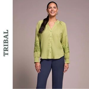 Tribal Wasabi Green Embroidered Cotton Blouse XS
